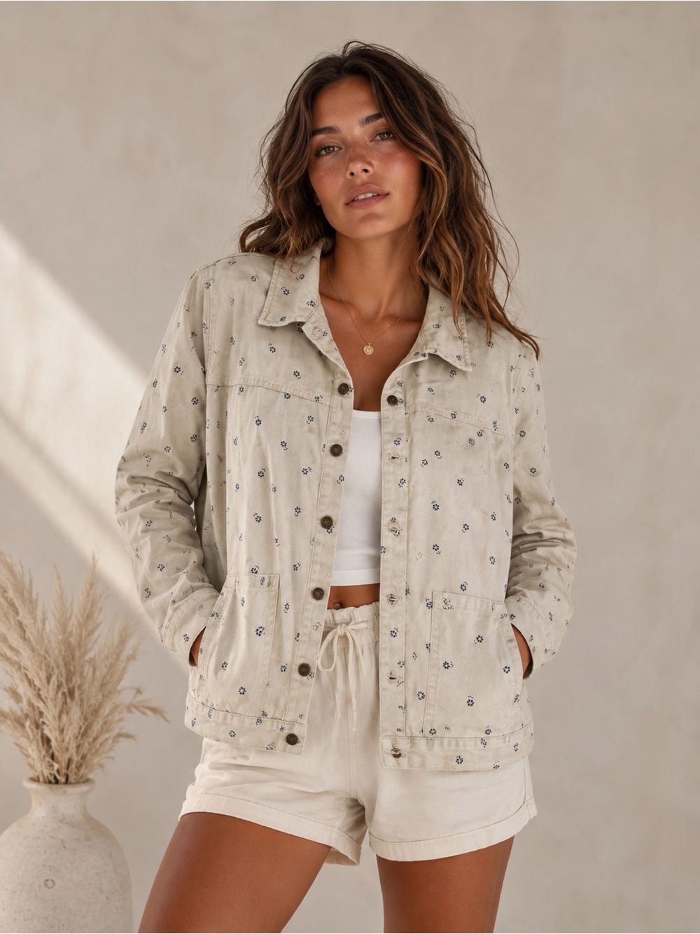 Rylee + Cru Light Beige Flower Printed Chore Utility Jacket